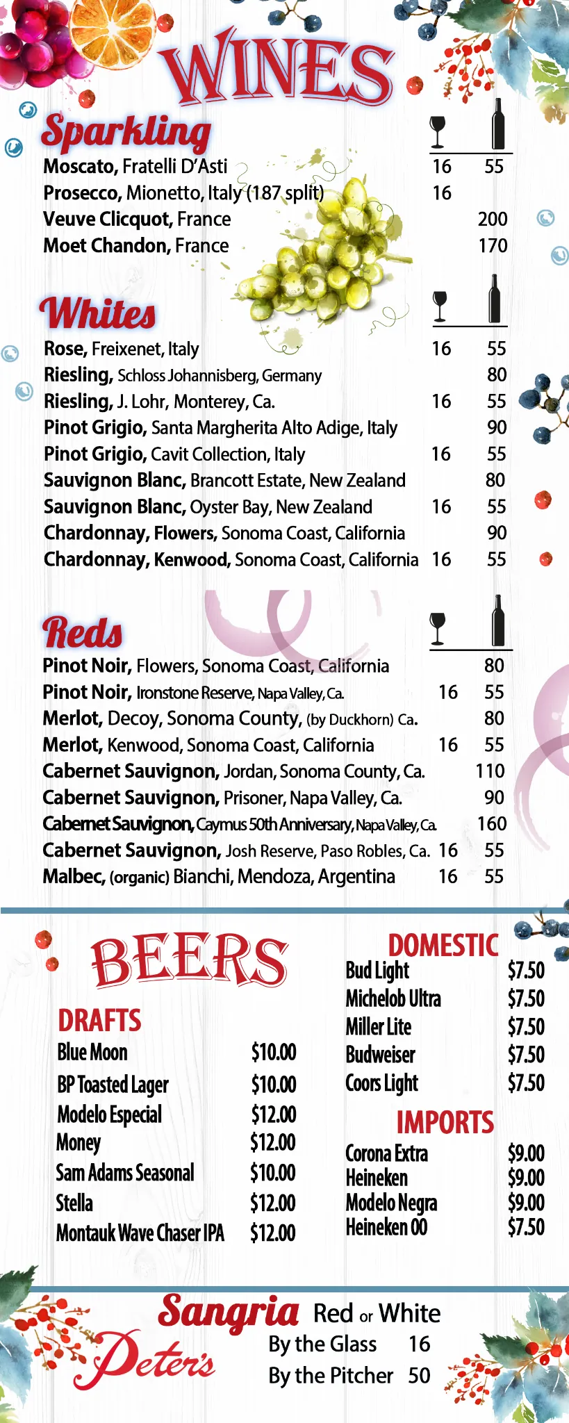 Peters ClamBar Drinks Menu