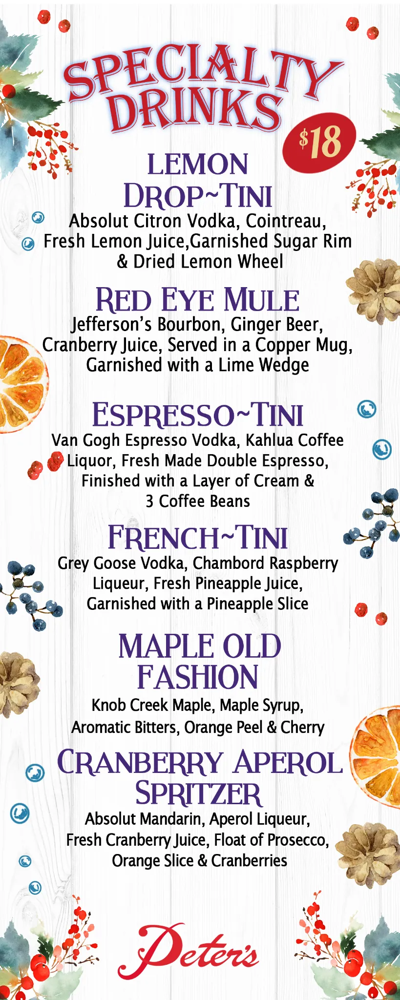 Peters Drinks Menu